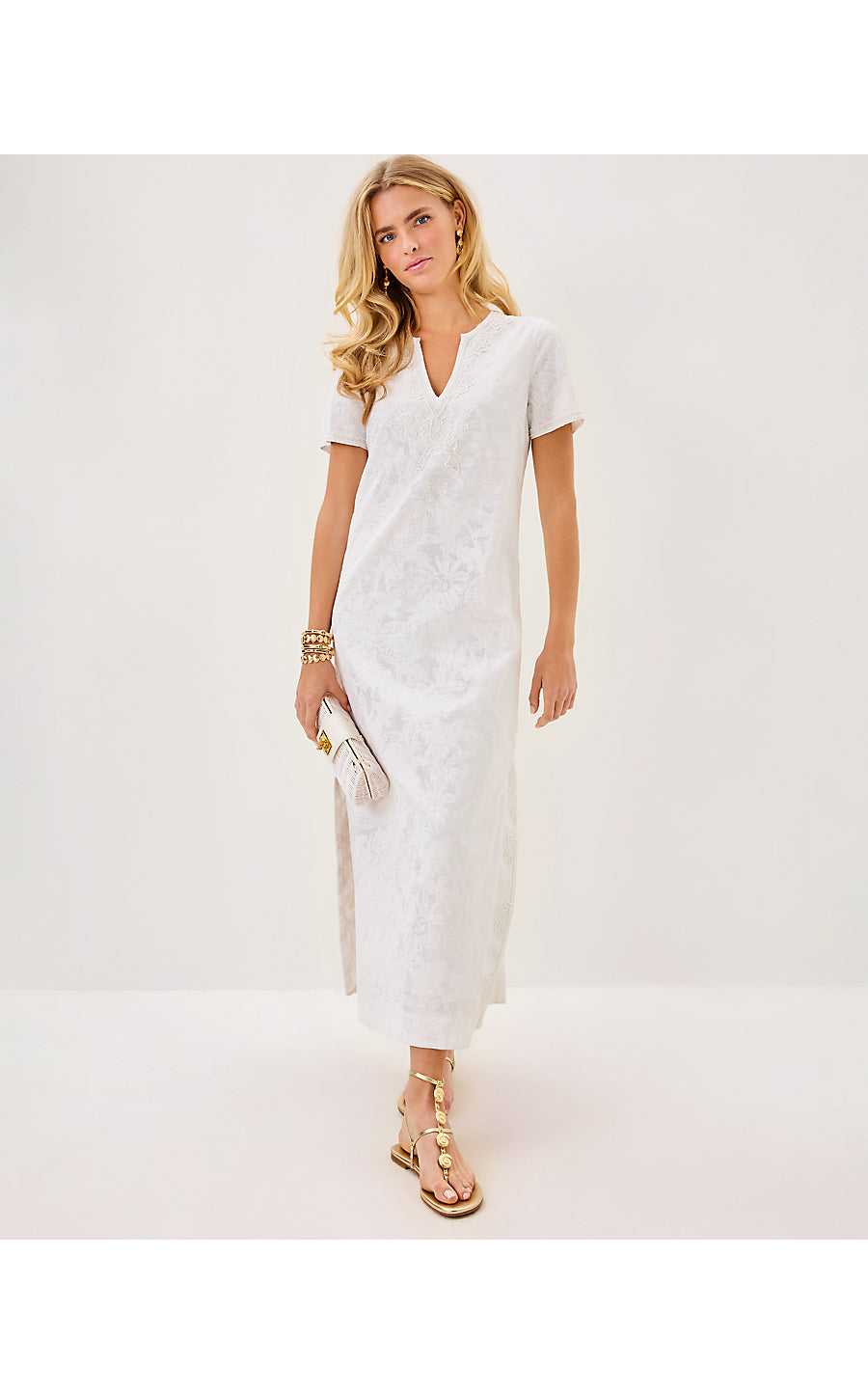 fitted lace wedding dress ARIELLA LINEN MAXI DRESS, RESORT WHITE CATCHIN RAYS OVERPRINT