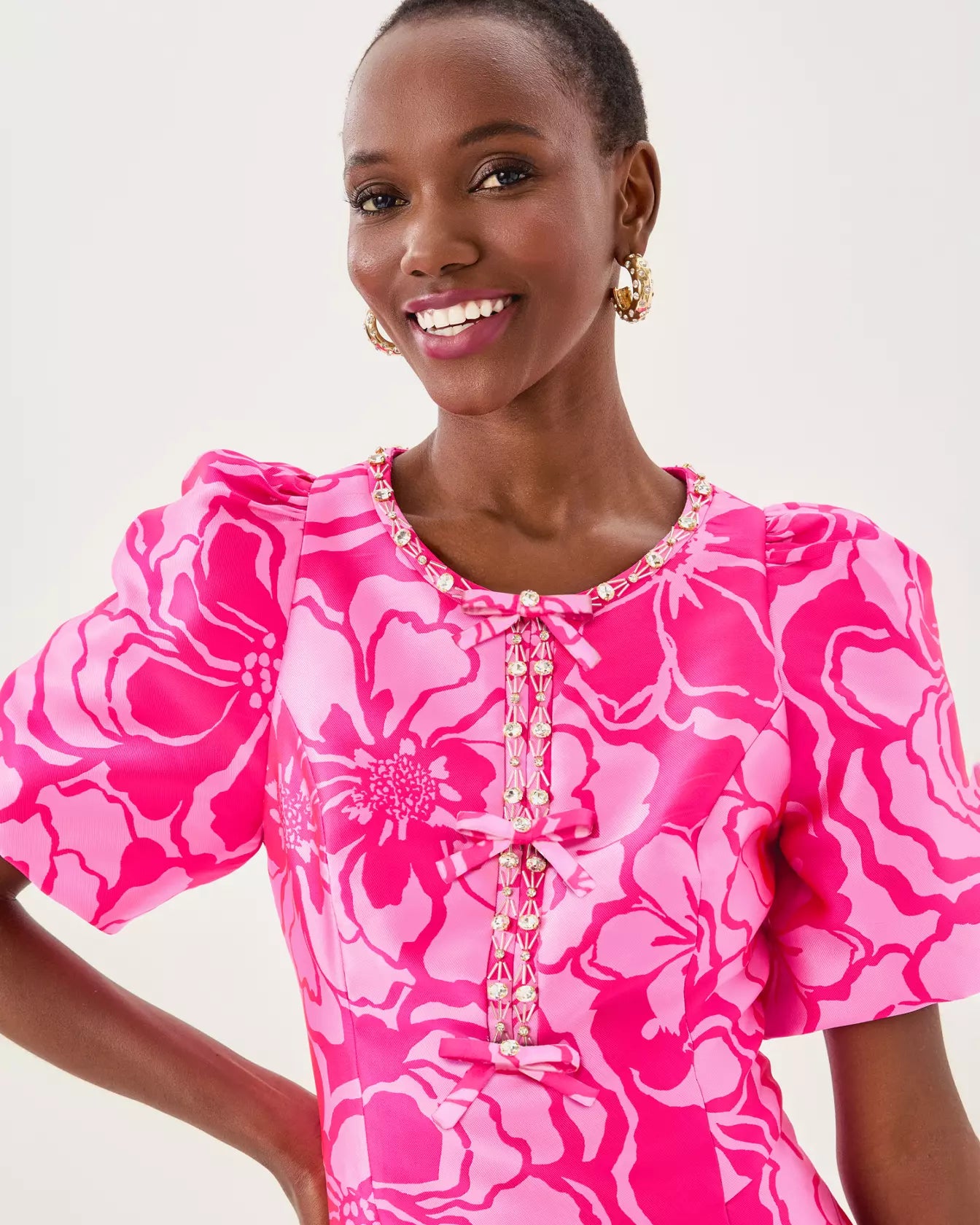 BRITNEE JACQUARD SHIFT DRESS, PARIGI PINK GO BIG SATIN JACQUARD