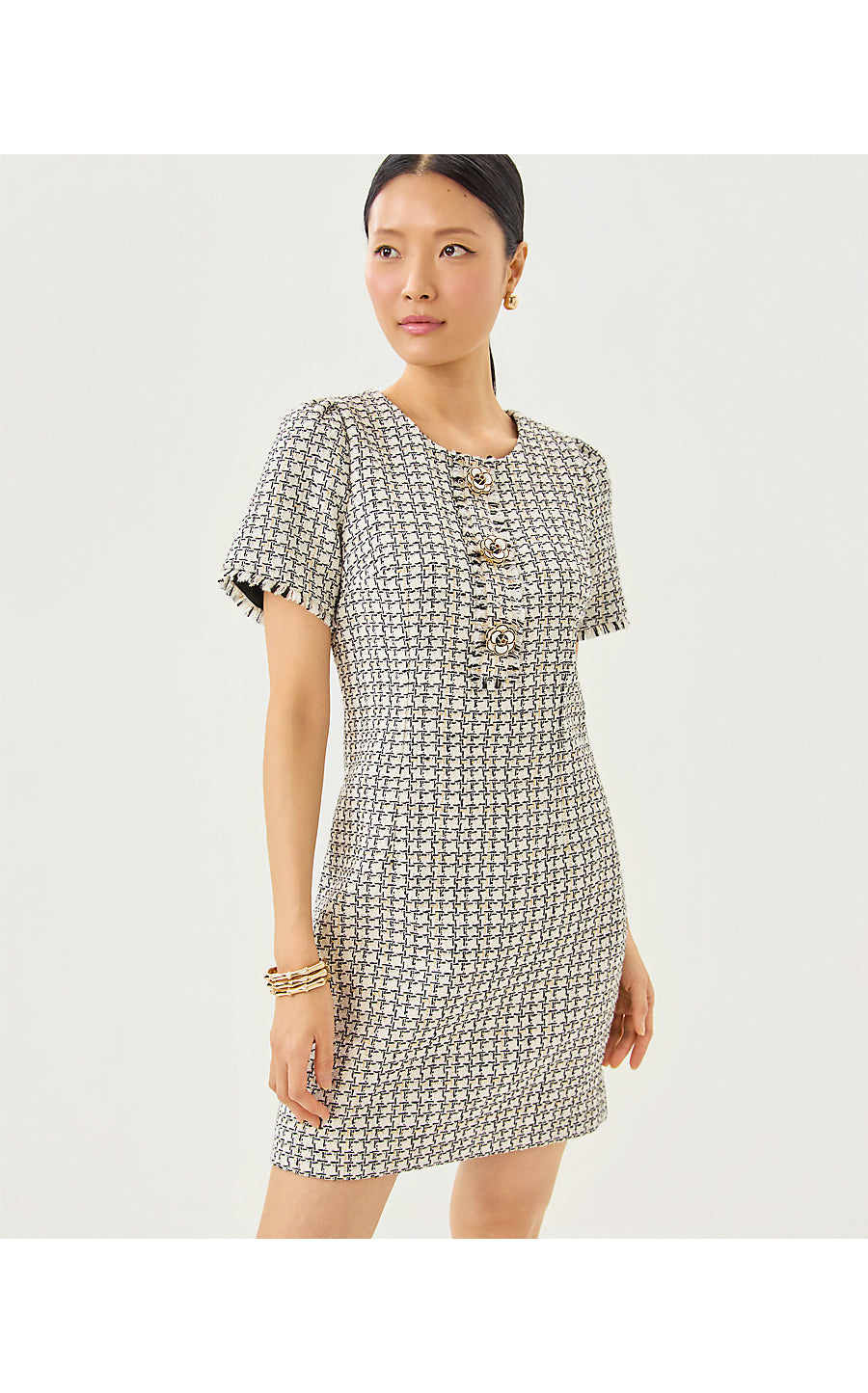 BRENDA BOUCLE DRESS, COCONUT LUREX HOUNDSTOOTH BOUCLE