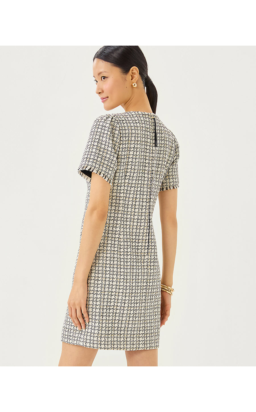 BRENDA BOUCLE DRESS, COCONUT LUREX HOUNDSTOOTH BOUCLE