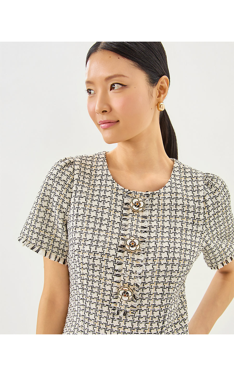 BRENDA BOUCLE DRESS, COCONUT LUREX HOUNDSTOOTH BOUCLE