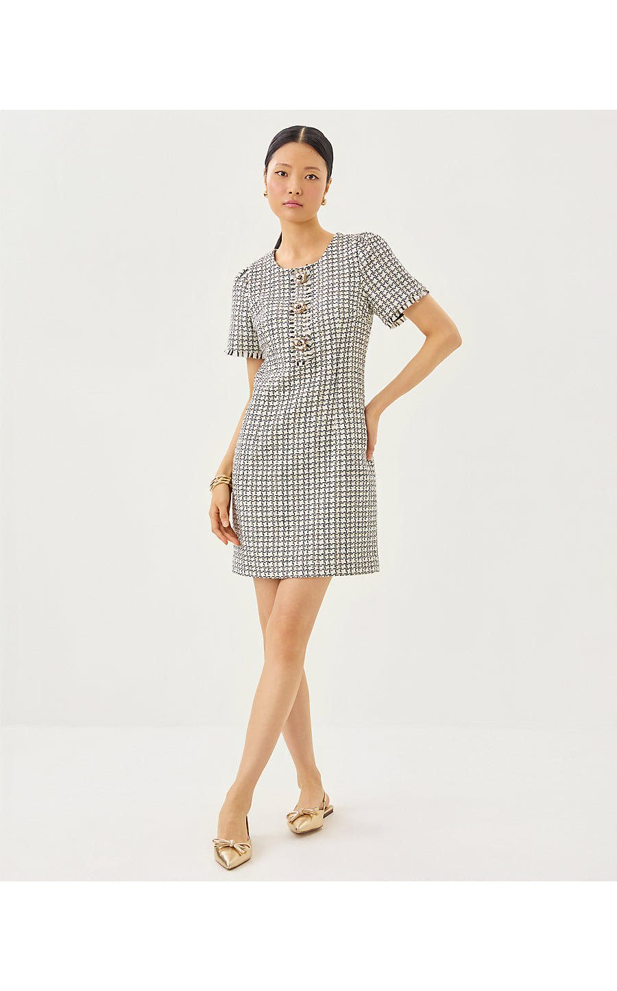 BRENDA BOUCLE DRESS, COCONUT LUREX HOUNDSTOOTH BOUCLE
