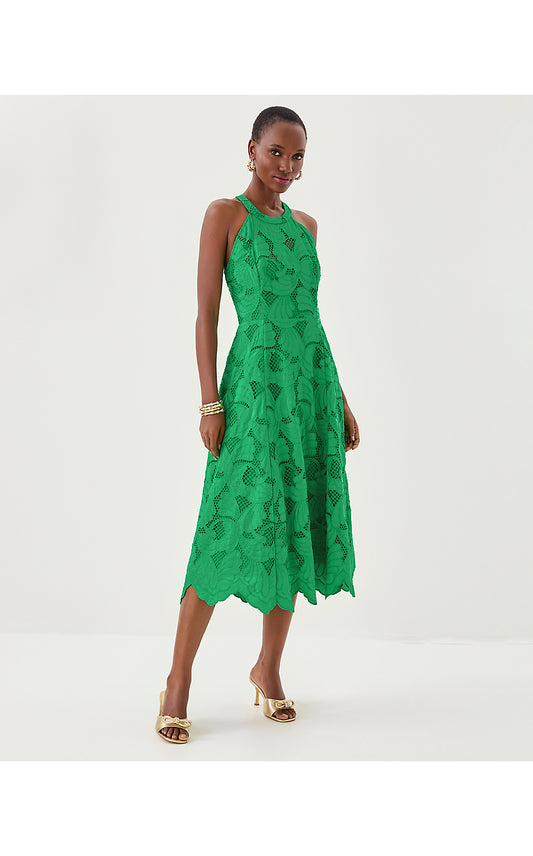 DENISE LACE MIDI DRESS, KITTS GREEN SWAY WITH ME SCALLOPED LACE