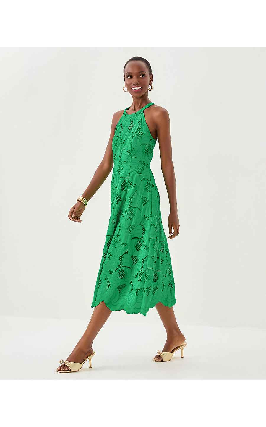 DENISE LACE MIDI DRESS, KITTS GREEN SWAY WITH ME SCALLOPED LACE