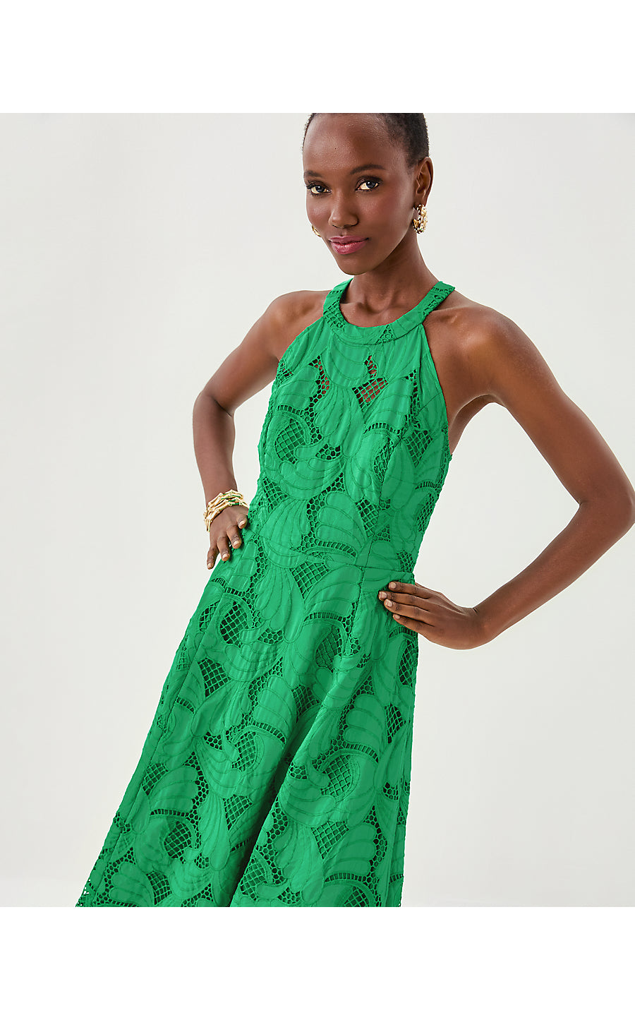 DENISE LACE MIDI DRESS, KITTS GREEN SWAY WITH ME SCALLOPED LACE