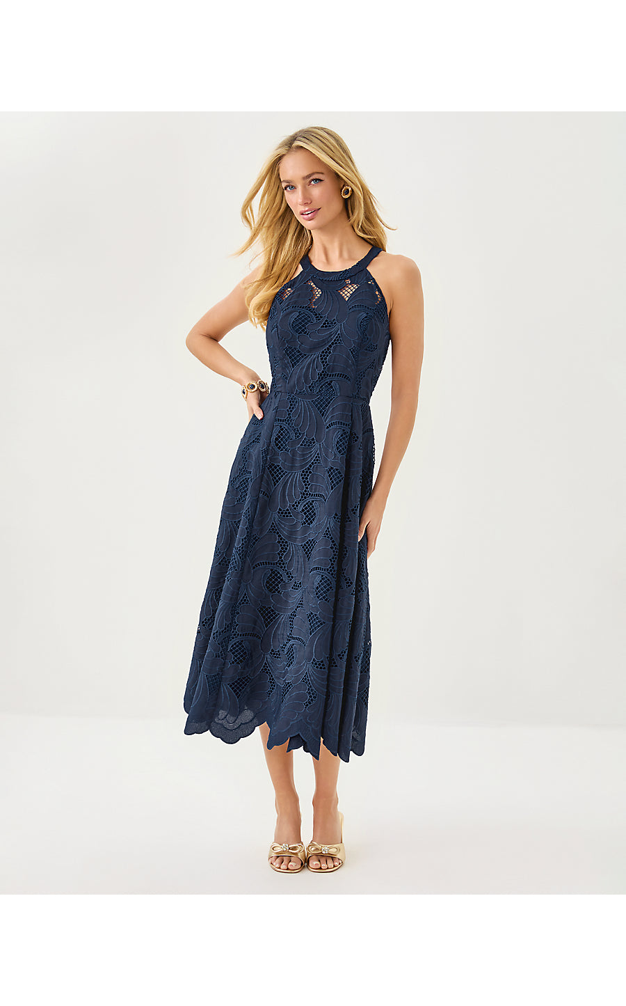 DENISE LACE MIDI DRESS, LOW TIDE NAVY SWAY WITH ME SCALLOPED LACE