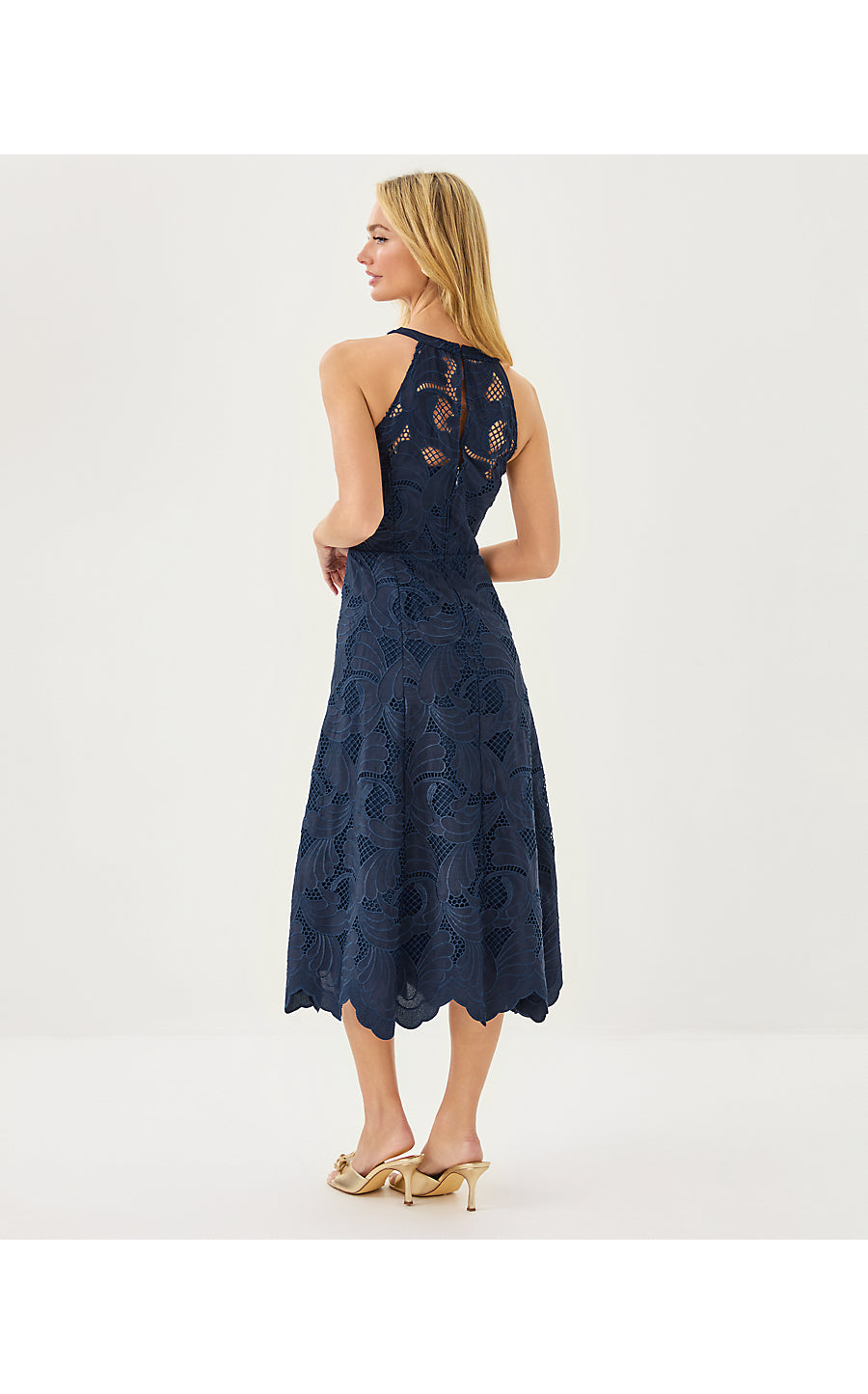 DENISE LACE MIDI DRESS, LOW TIDE NAVY SWAY WITH ME SCALLOPED LACE