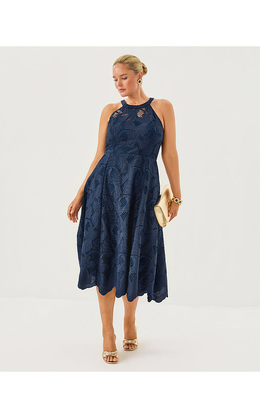 DENISE LACE MIDI DRESS, LOW TIDE NAVY SWAY WITH ME SCALLOPED LACE
