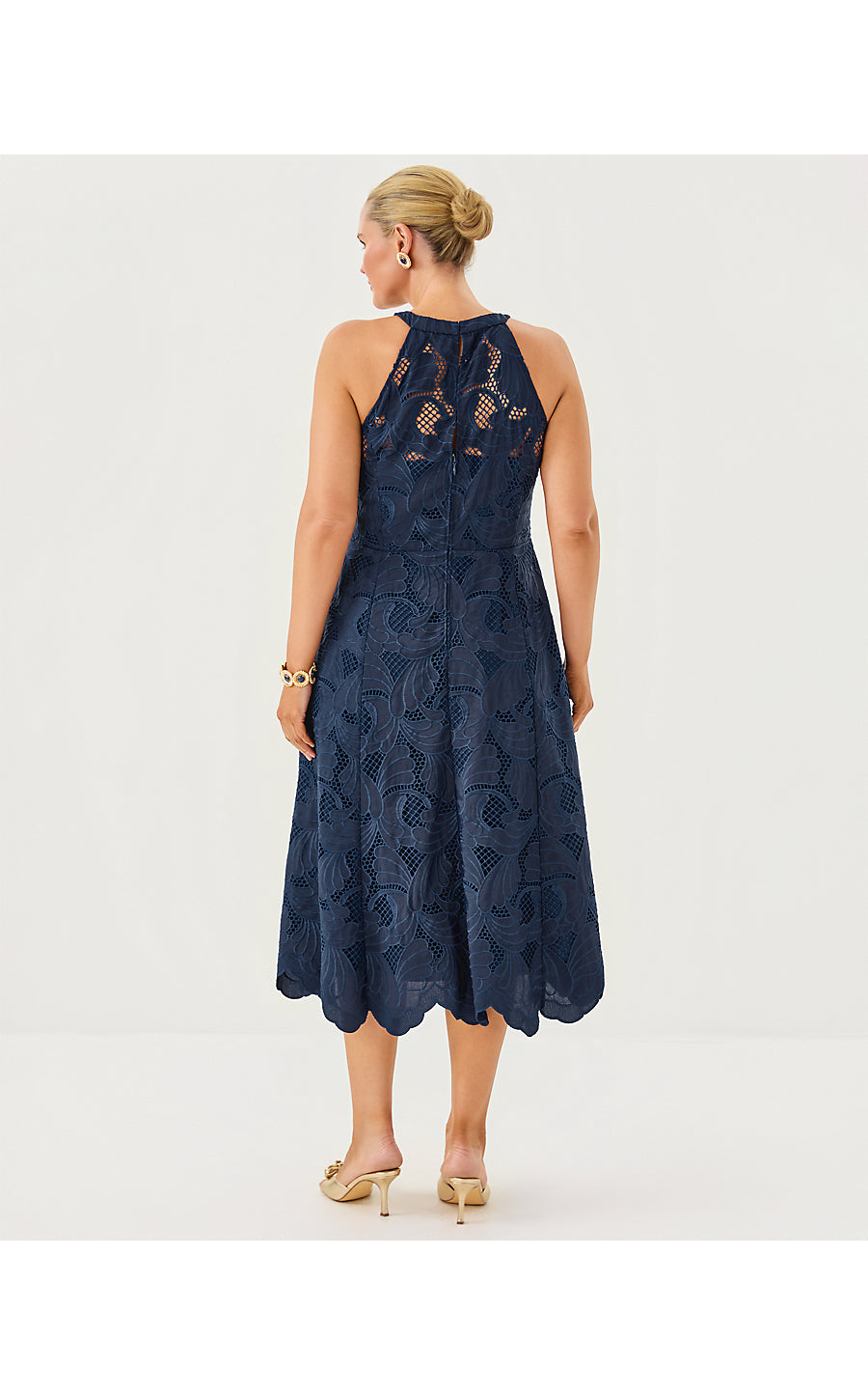 DENISE LACE MIDI DRESS, LOW TIDE NAVY SWAY WITH ME SCALLOPED LACE