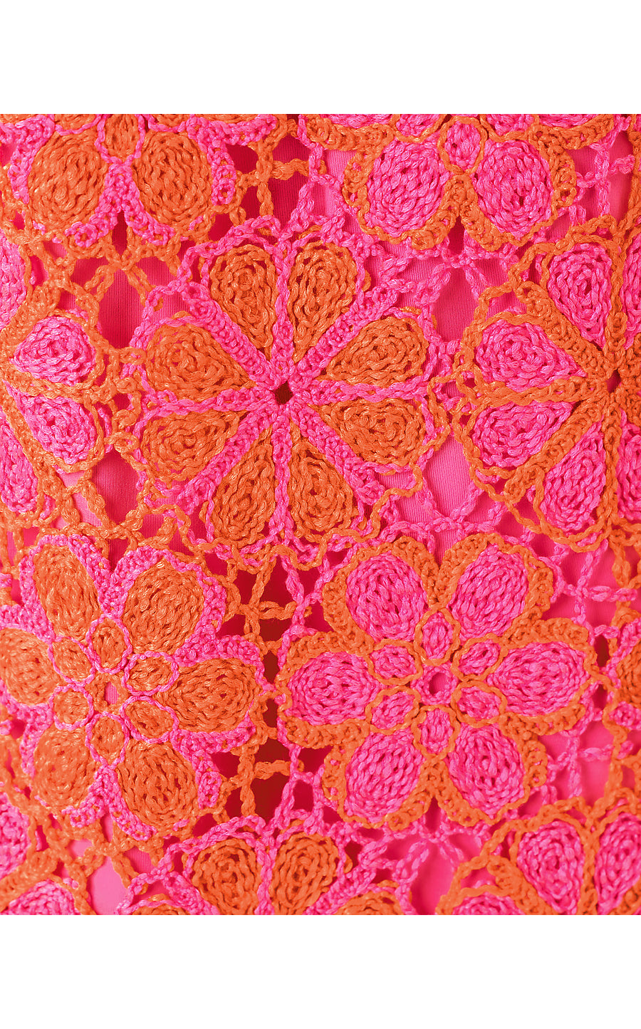 CORTNEY CROCHET SHIFT, CHERRY BLOSSOM PINK X SUNSET ORANGE FULL BLOOM KNIT CROCHET PANEL