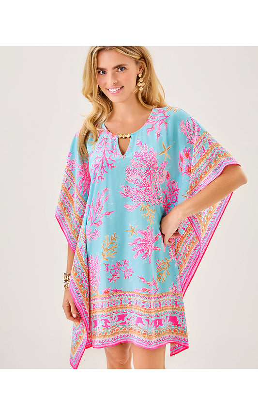 LINDAMARIE SILK CAFTAN, MULTI ROYAL CORAL ENGINEERED WOVEN CAFTAN