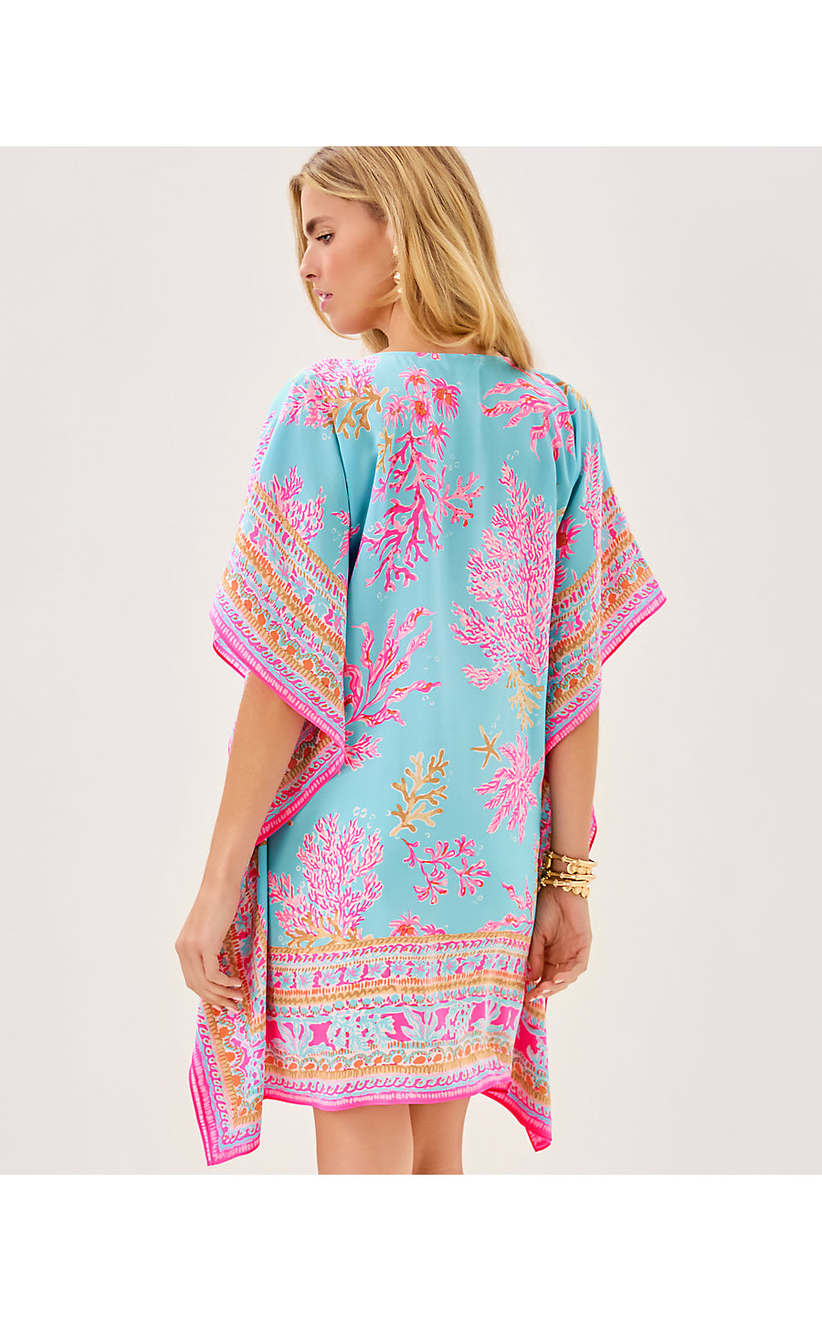 LINDAMARIE SILK CAFTAN, MULTI ROYAL CORAL ENGINEERED WOVEN CAFTAN
