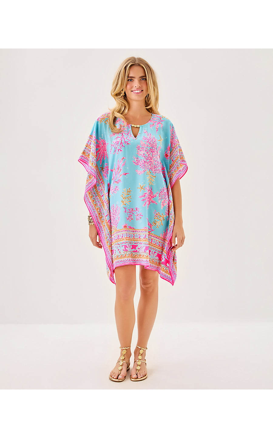 LINDAMARIE SILK CAFTAN, MULTI ROYAL CORAL ENGINEERED WOVEN CAFTAN