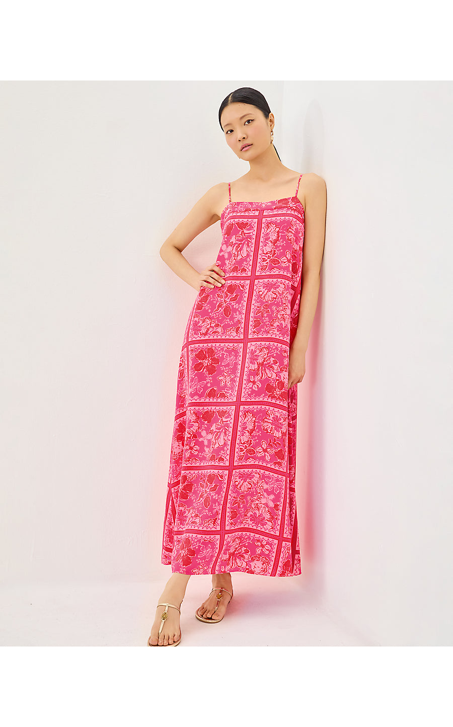 JESSLYN SILK MAXI SLIP DRESS, SUN SHELL PINK BIG PARTY ENGINEERED WOVEN MAXI
