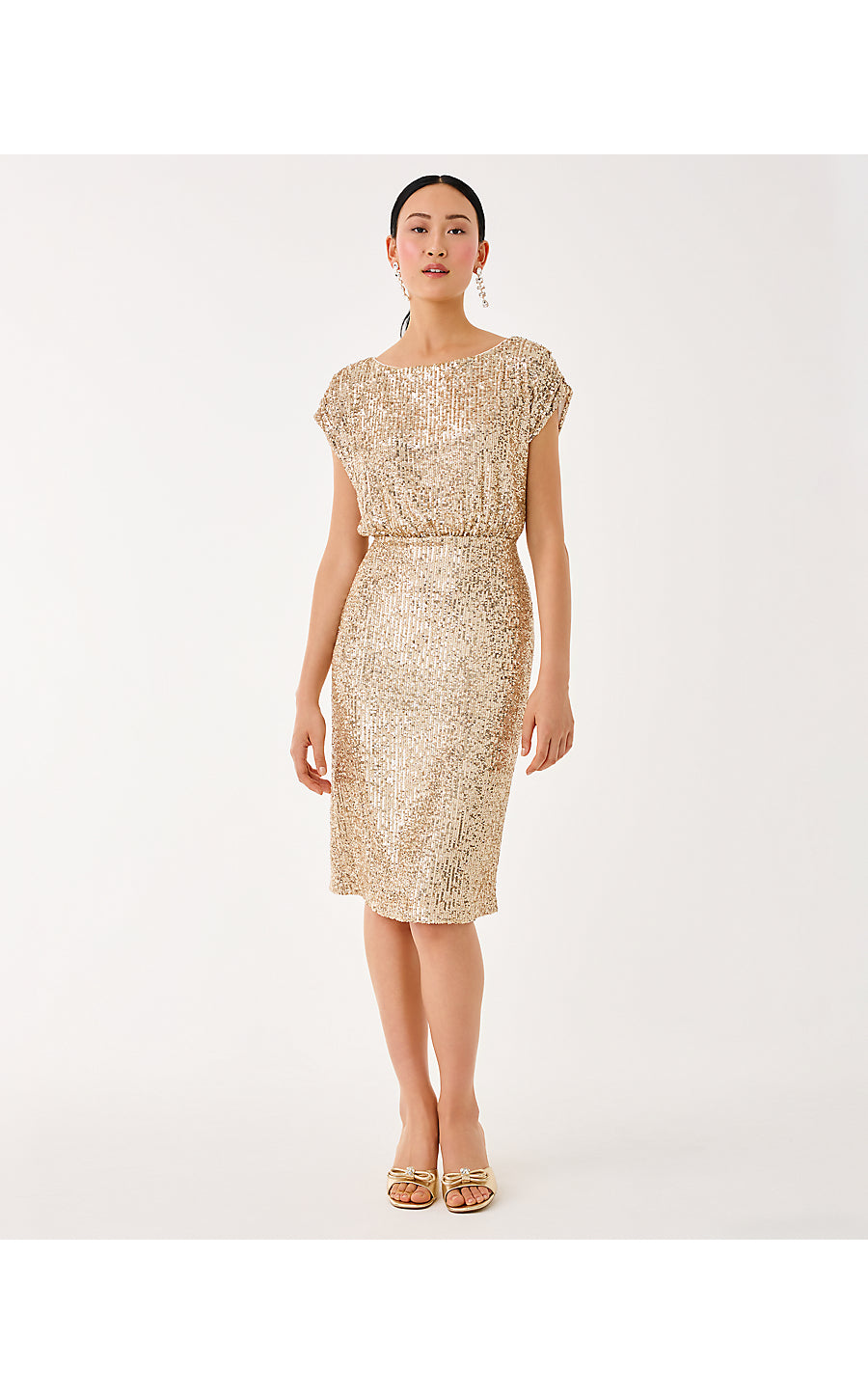 AYLIN SEQUIN MIDI DRESS, GOLD METALLIC TREASURE BOX SEQUIN KNIT