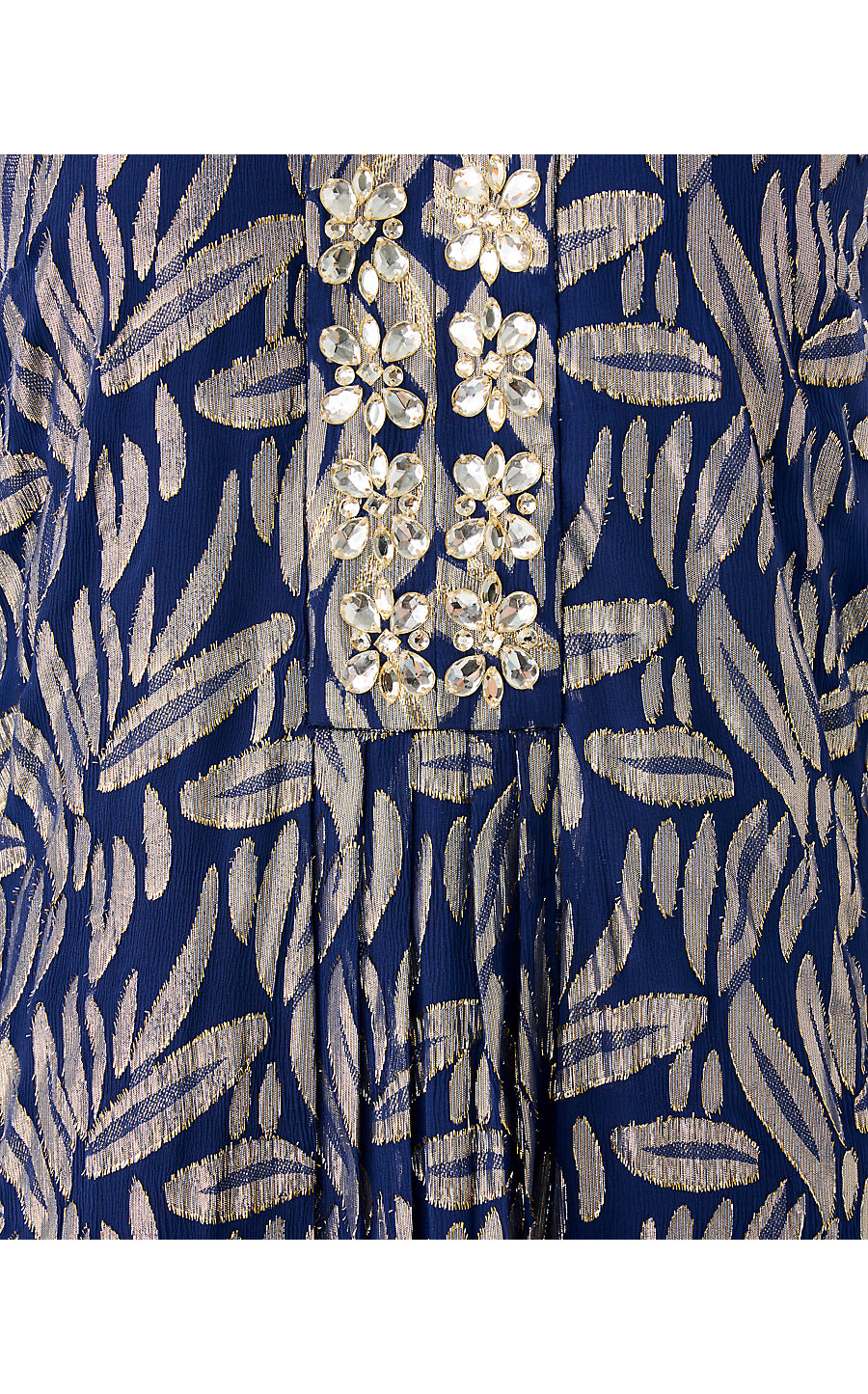 BELLINA SILK MAXI CAFTAN, LOW TIDE NAVY LEAFY BABE METALLIC SILK CLIP