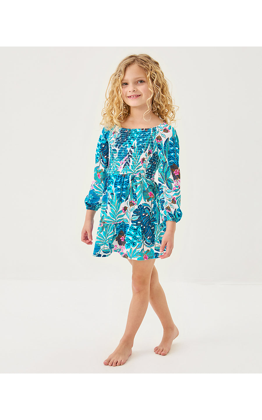 MINI JILLY LONG SLEEVED DRESS, BREEZY AQUA BEST FRONDS FOREVER