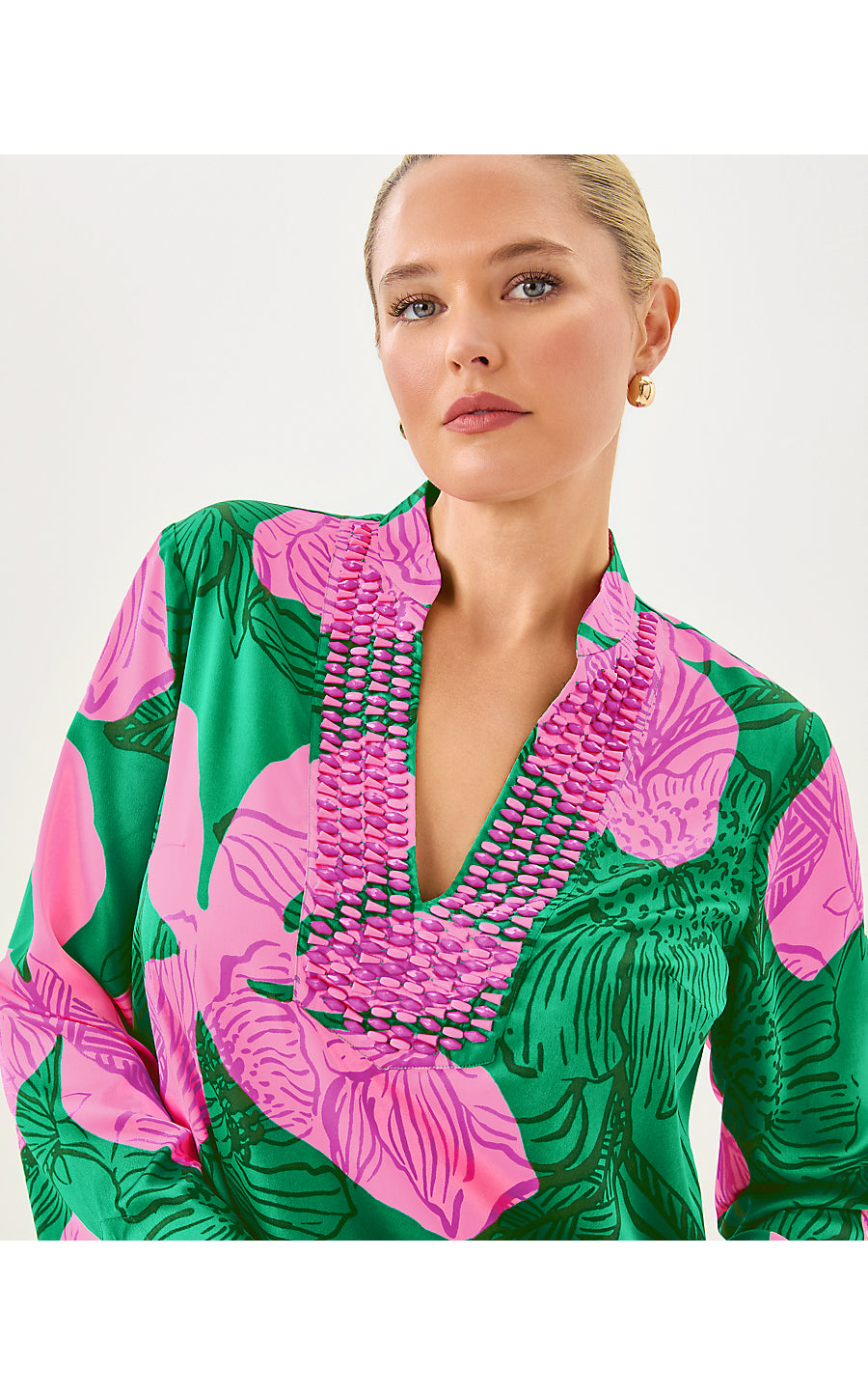 IRELLA CAFTAN DRESS, KITTS GREEN OVERSIZED SUNSET SHADOWS