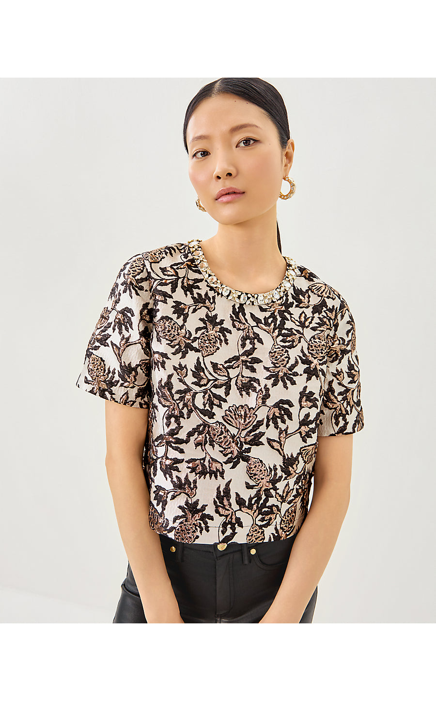 FOLIE CROPPED TOP, NOIR PINEAPPLE PUFF METALLIC JACQUARD