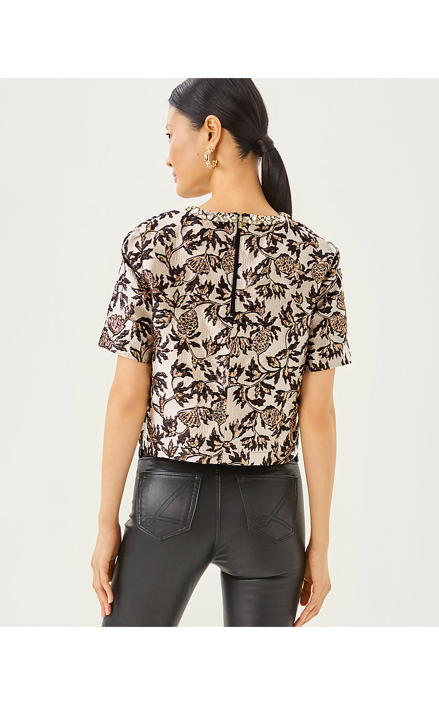 FOLIE CROPPED TOP, NOIR PINEAPPLE PUFF METALLIC JACQUARD