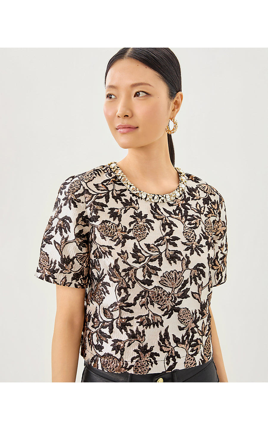 FOLIE CROPPED TOP, NOIR PINEAPPLE PUFF METALLIC JACQUARD