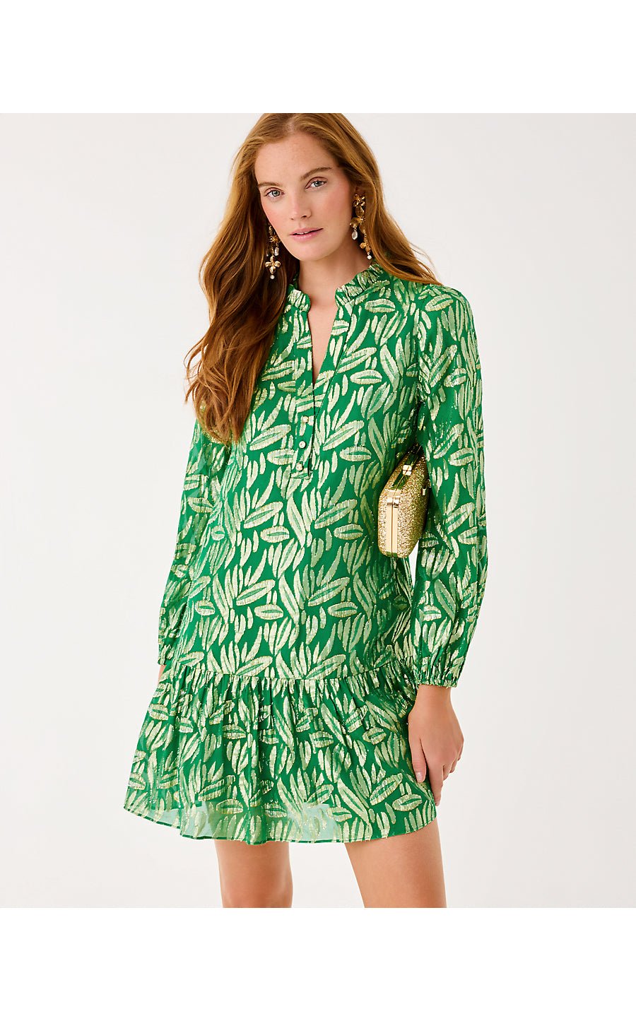 EVALINE SILK DRESS, BAMBOO GREEN LEAFY BABE METALLIC SILK CLIP