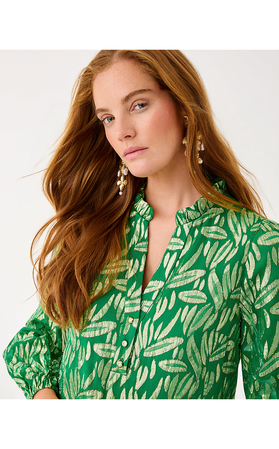 EVALINE SILK DRESS, BAMBOO GREEN LEAFY BABE METALLIC SILK CLIP