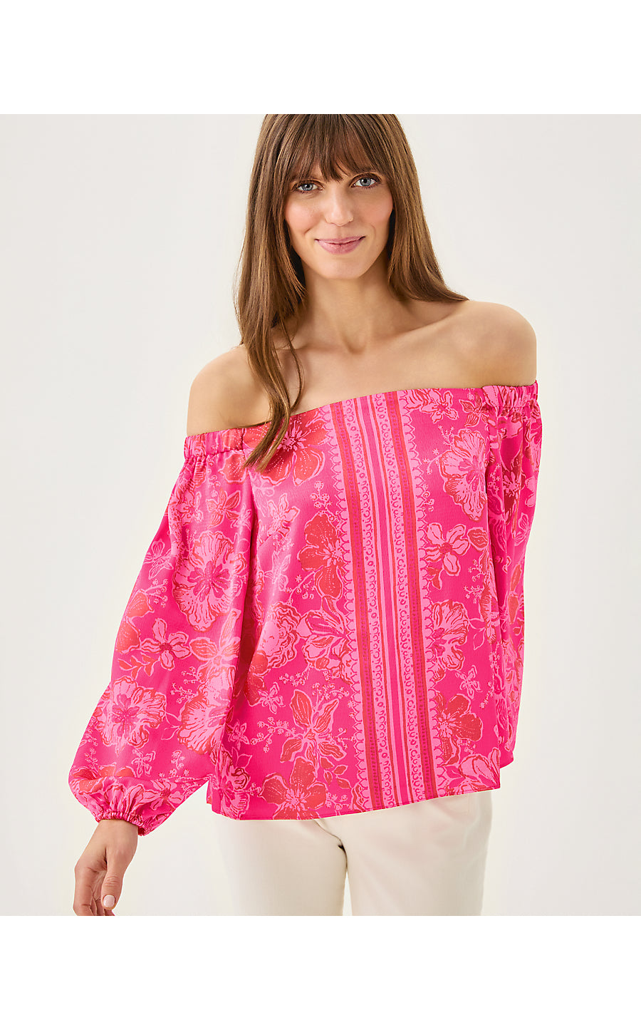 ELIZABETHANY OFF THE SHOULDER TOP, SUN SHELL PINK BIG PARTY ENGINEERED WOVEN TOP