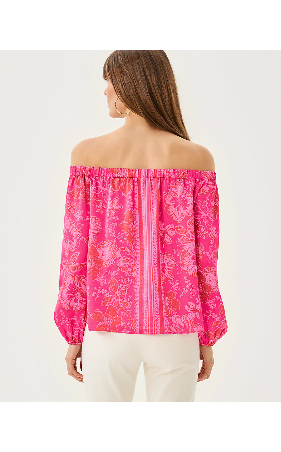 ELIZABETHANY OFF THE SHOULDER TOP, SUN SHELL PINK BIG PARTY ENGINEERED WOVEN TOP