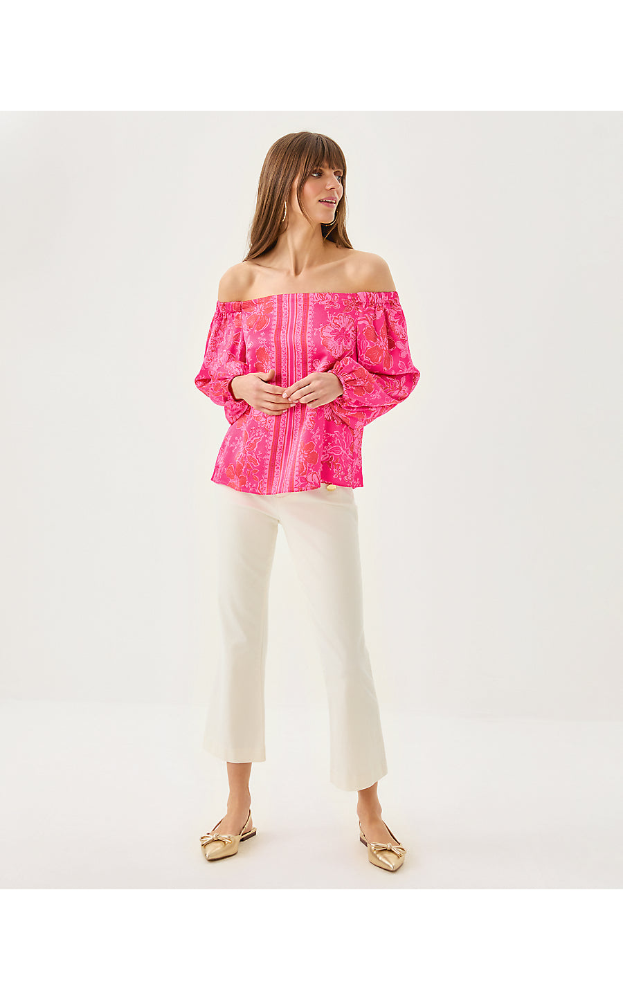 ELIZABETHANY OFF THE SHOULDER TOP, SUN SHELL PINK BIG PARTY ENGINEERED WOVEN TOP