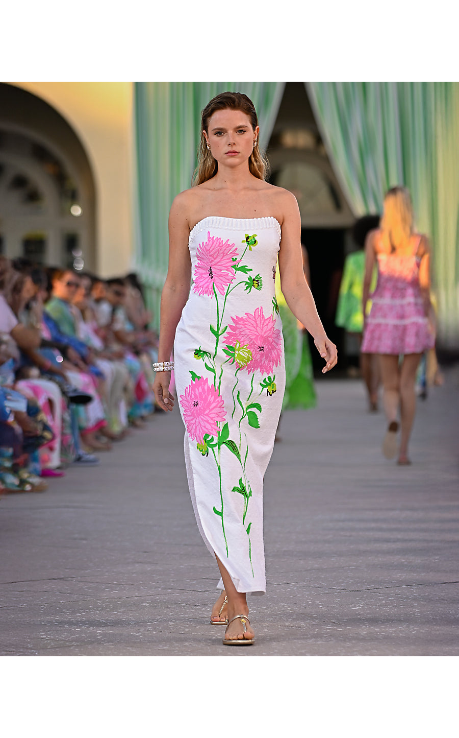 stretch maxi dress ELYSE DRESS, RESORT WHITE MARYAN ENGINEERED WOVEN MAXI wicking and quick Swatch:#CDBFB0 Color:Blue White Lincoln Formal now carries