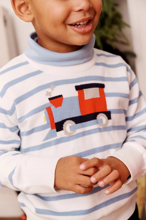 Isaac's Intarsia Sweater,
Barrington Blue Stripe/Train
