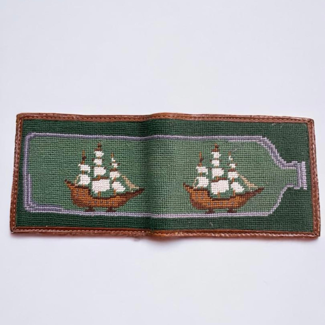 NEEDLEPOINT BI-FOLD WALLET, SHIP IN BOTTLE