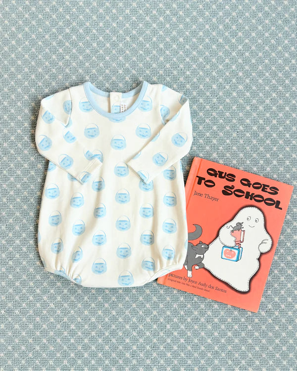 Long Sleeve Patton Play Romper - Vintage Prep Pumpkin Pails with Buckhead Blue