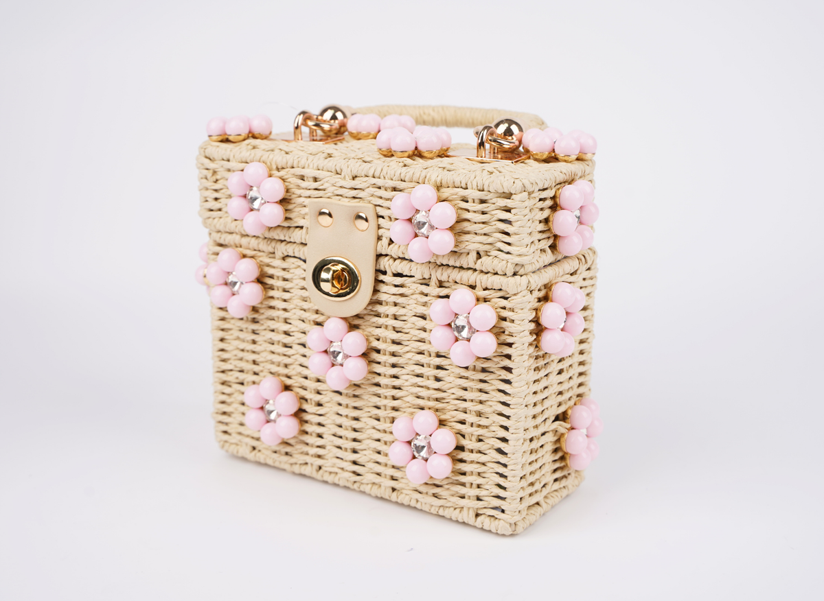 Wicker Bucket Daisy Flower Purse: Navy + White Daisy