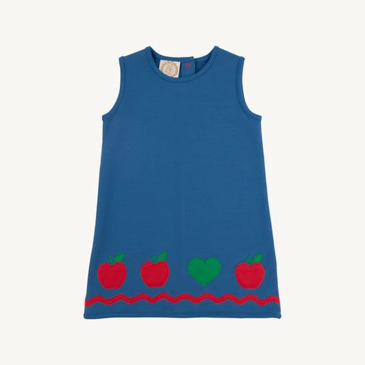 Annie Apron Dress - Knit, 
Wood Boat Blue/Richmond Red/Apples and Heart