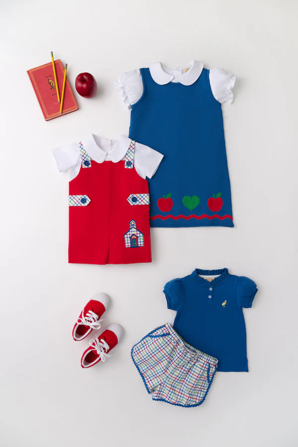 Annie Apron Dress - Knit,
Wood Boat Blue/Richmond Red/Apples and Heart