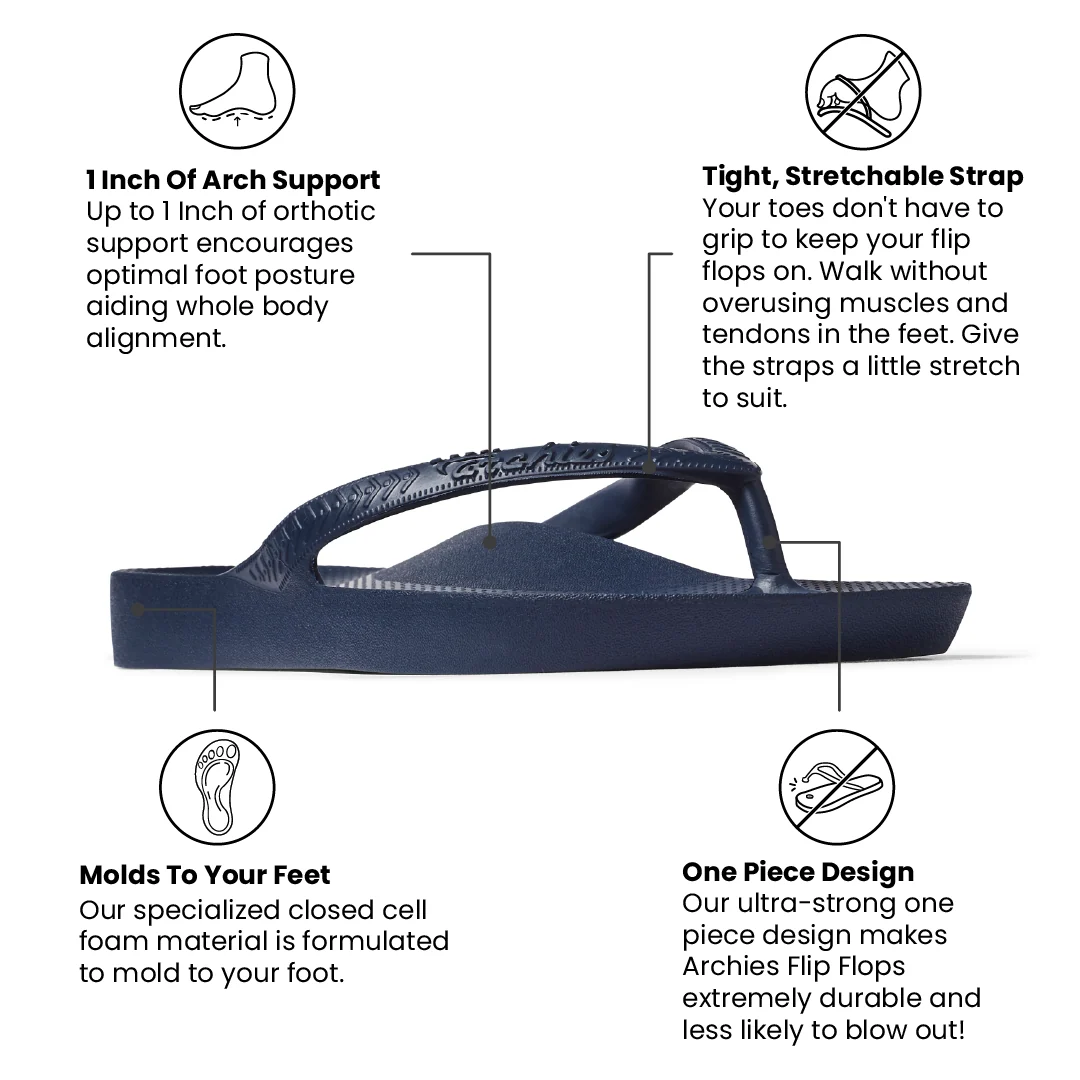 Archies Arch Support Flip Flops, Navy