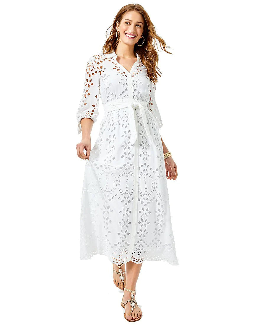 AMRITA MIDI DRESS, RESORT WHITE SOIREE EYELET