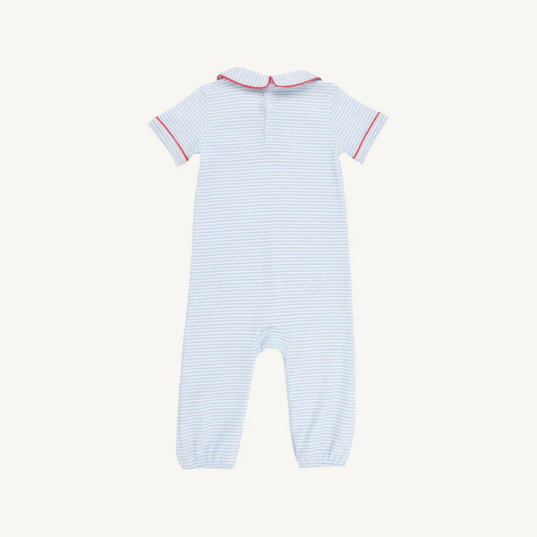 Benny Button Romper,
Beale Street Blue Stripe/Richmond Red