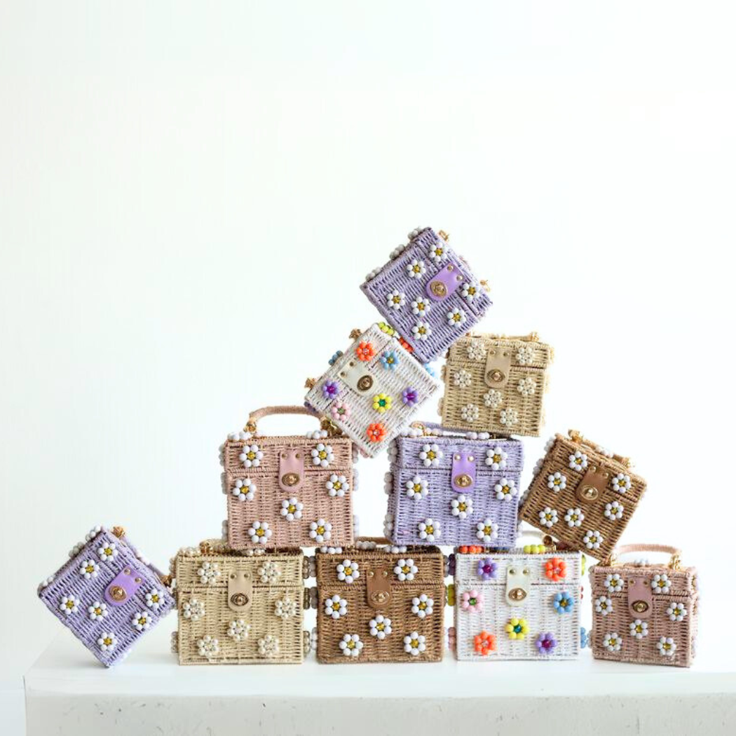 Wicker Bucket Daisy Flower Purse: Cream + GOLD LUXE Daisy