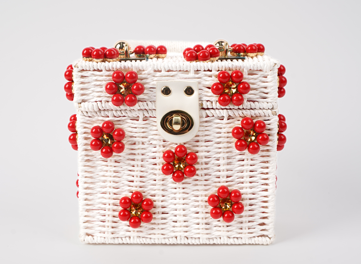 Wicker Bucket Daisy Flower Purse: Navy + White Daisy