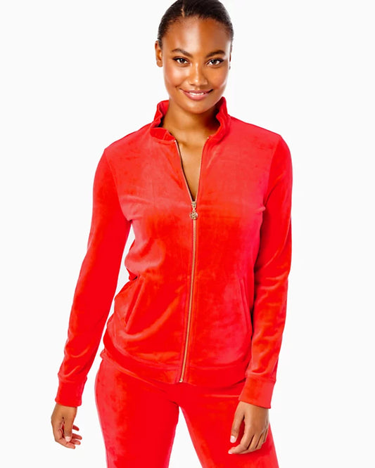 JAYLA VELOUR RUFFLE ZIP-UP, RUBY RED