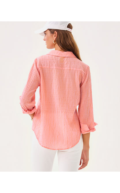 SEA VIEW BUTTON DOWN, PAPAYA X CONCH SHELL PINK LTWT OXFORD SHIRTING STRIPE