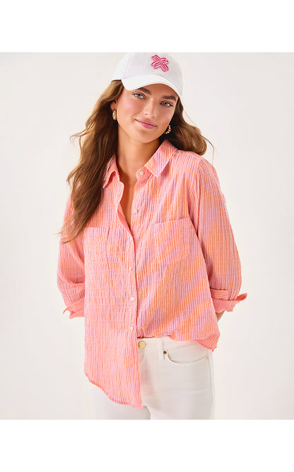 SEA VIEW BUTTON DOWN, PAPAYA X CONCH SHELL PINK LTWT OXFORD SHIRTING STRIPE