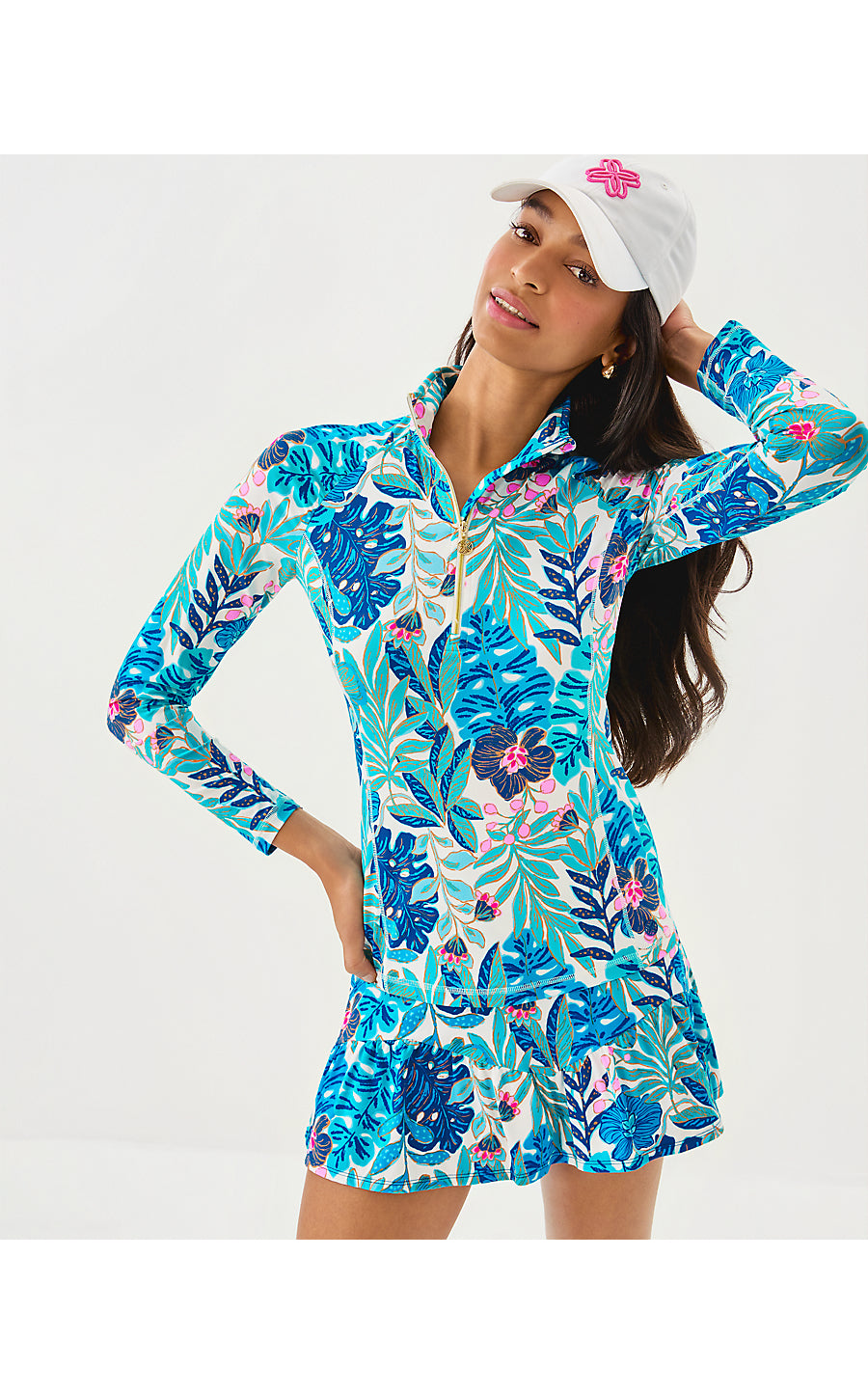 JUSTINE HALF ZIP UPF 50+, BREEZY AQUA BEST FRONDS FOREVER