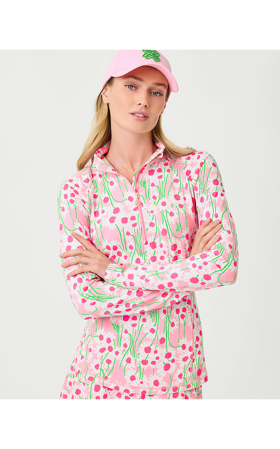 JUSTINE HALF ZIP UPF 50+, CONCH SHELL PINK LIL SUNNY DAISIES