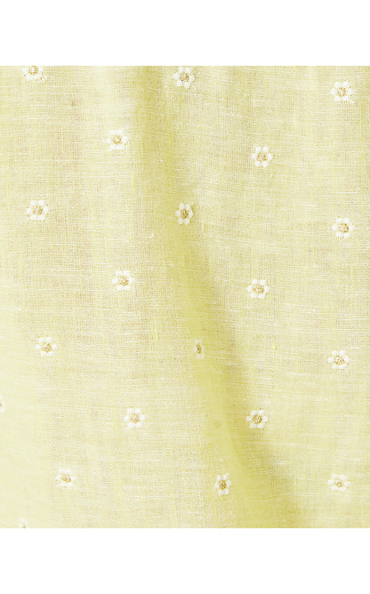 SEA VIEW BUTTON DOWN, FINCH YELLOW YOU DRIVE ME DAISY EMBROIDERED LINEN