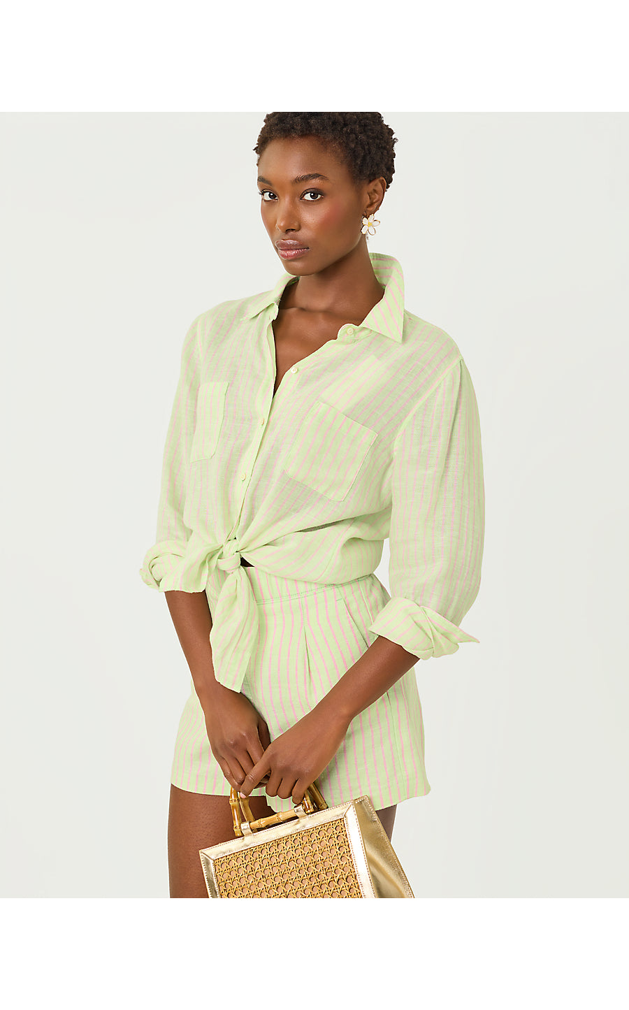 SEA VIEW BUTTON DOWN, PISTACHIO MACARON X CONCH SHELL PINK SAINT TROPEZ STRIPE