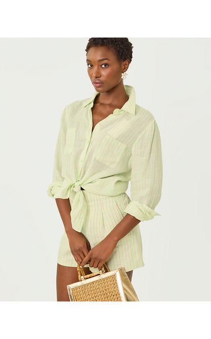 SEA VIEW BUTTON DOWN, PISTACHIO MACARON X CONCH SHELL PINK SAINT TROPEZ STRIPE
